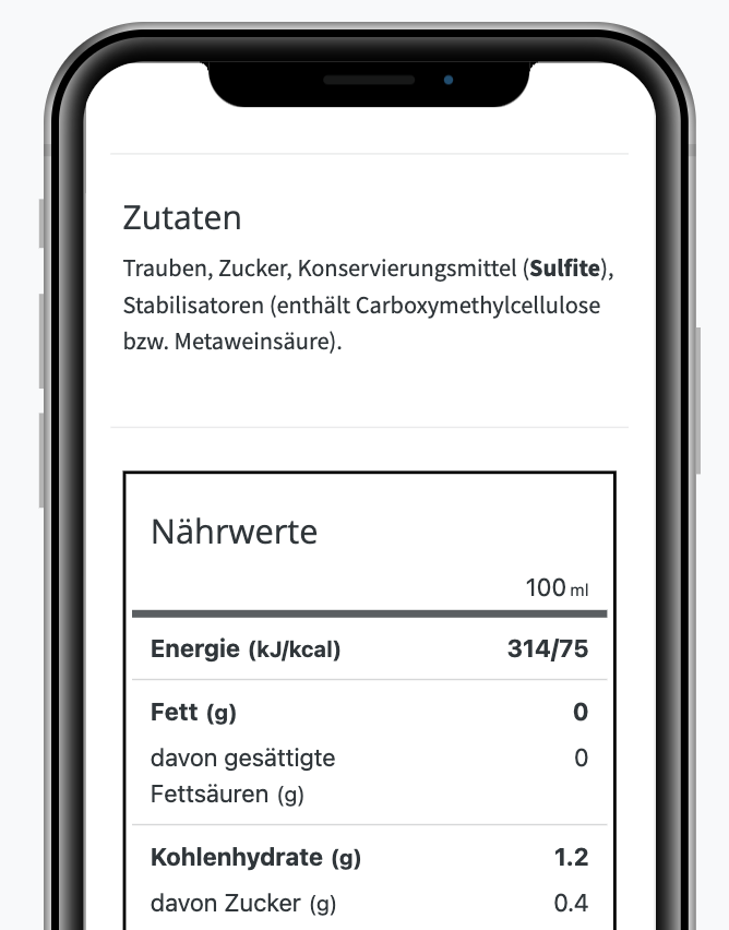 Ein Bottlebooks E-Label mit Zutatenliste und Nährwerten